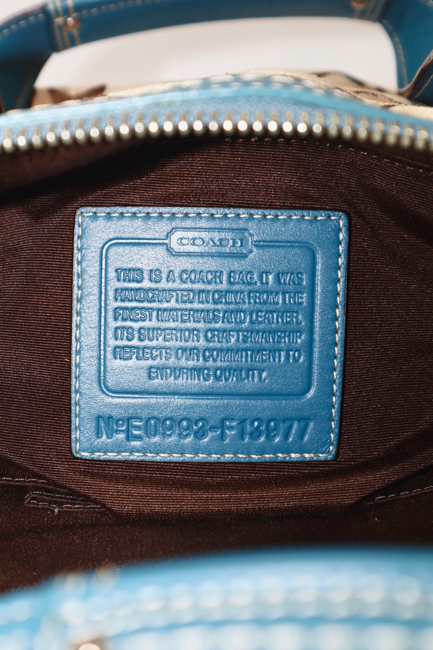 Vintage Coach Signature Print Satchel Handbag with Blue Leather Trim