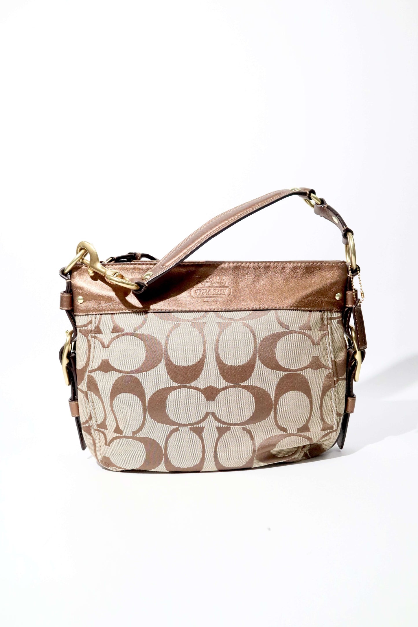 Vintage Coach Zoe Shoulder Bag in Signature Canvas with Bronze Leather Trim