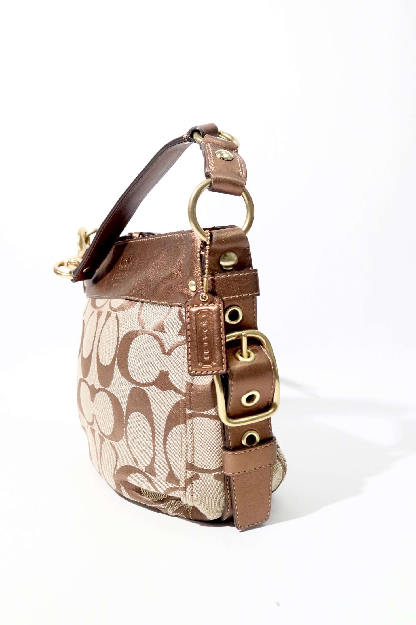 Vintage Coach Zoe Shoulder Bag in Signature Canvas with Bronze Leather Trim