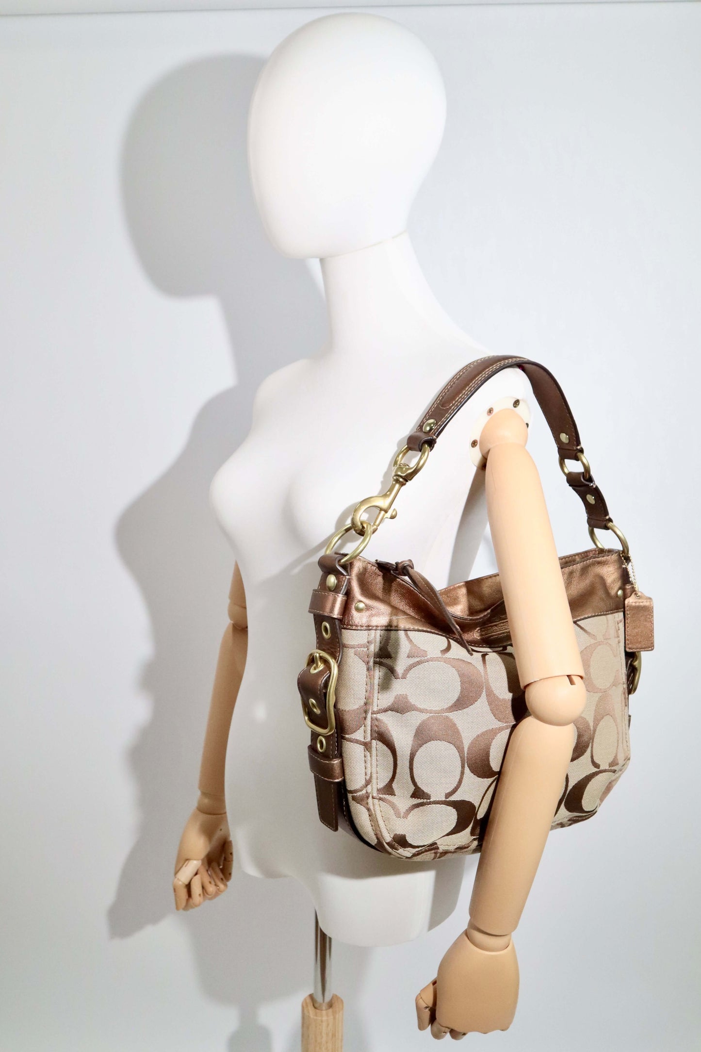 Vintage Coach Zoe Shoulder Bag in Signature Canvas with Bronze Leather Trim