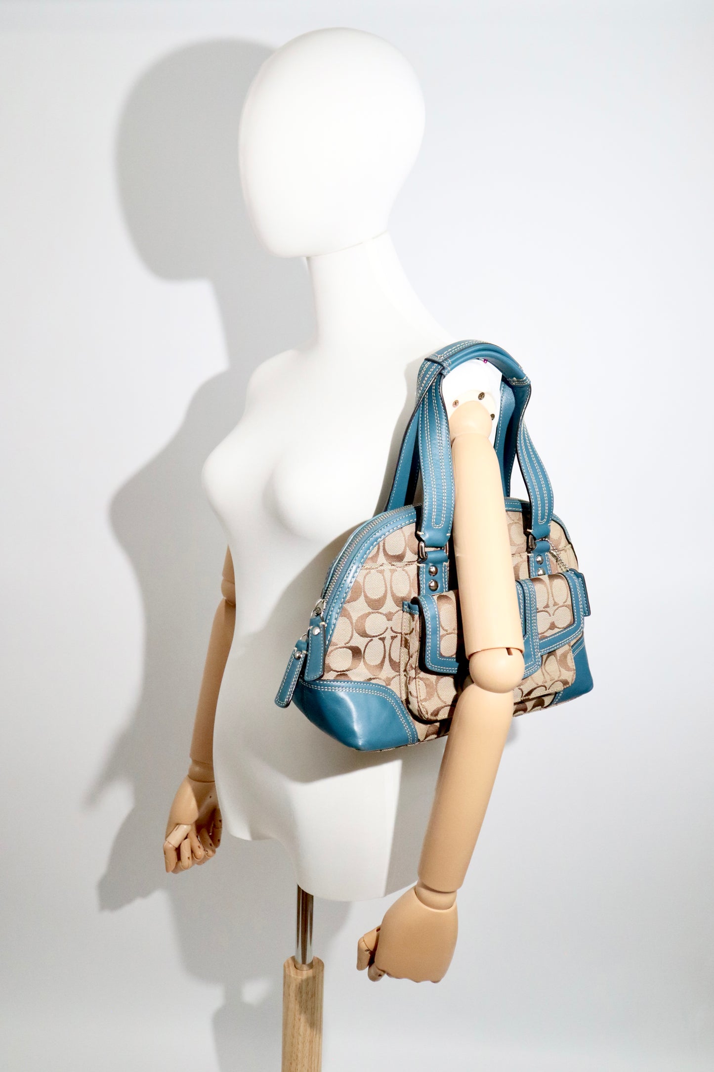Vintage Coach Signature Print Satchel Handbag with Blue Leather Trim