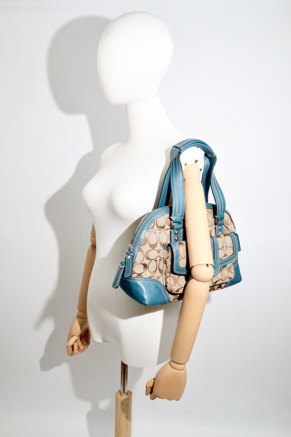 Vintage Coach Signature Print Satchel Handbag with Blue Leather Trim