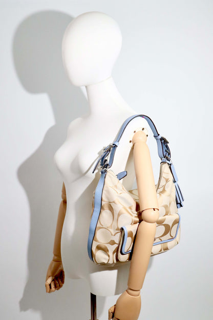 Coach Courtney Hobo Bag in Beige Signature Canvas with Light Blue Leather Trim