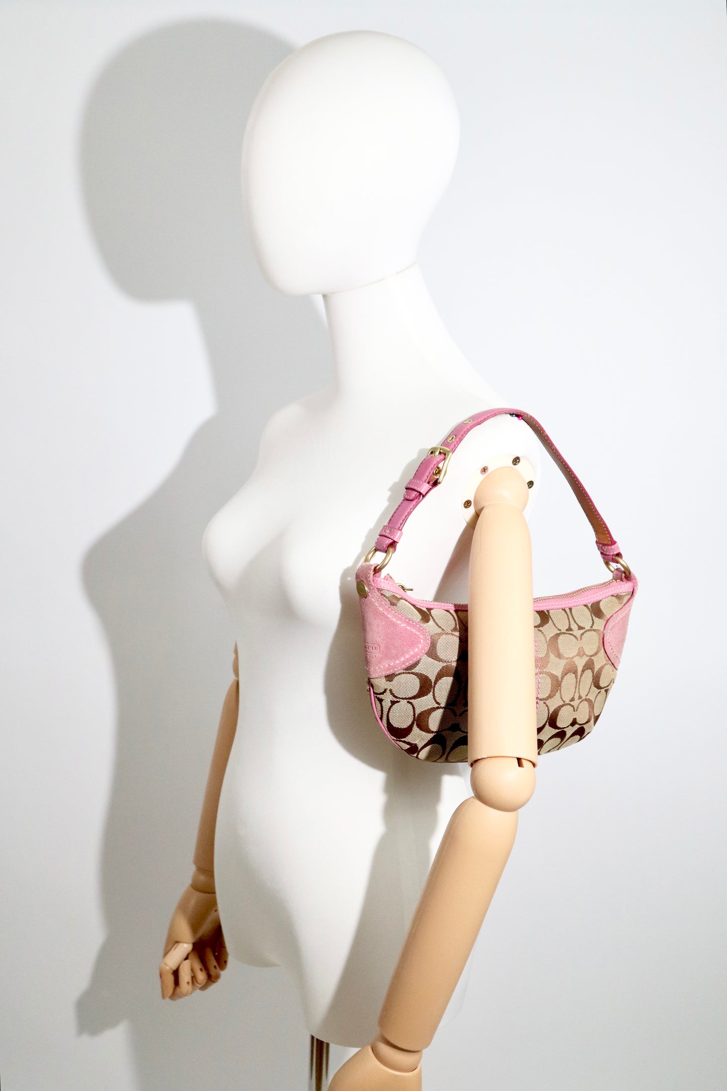 Vintage Coach Signature Monogram Hobo Shoulder Bag with Pink Suede Trim