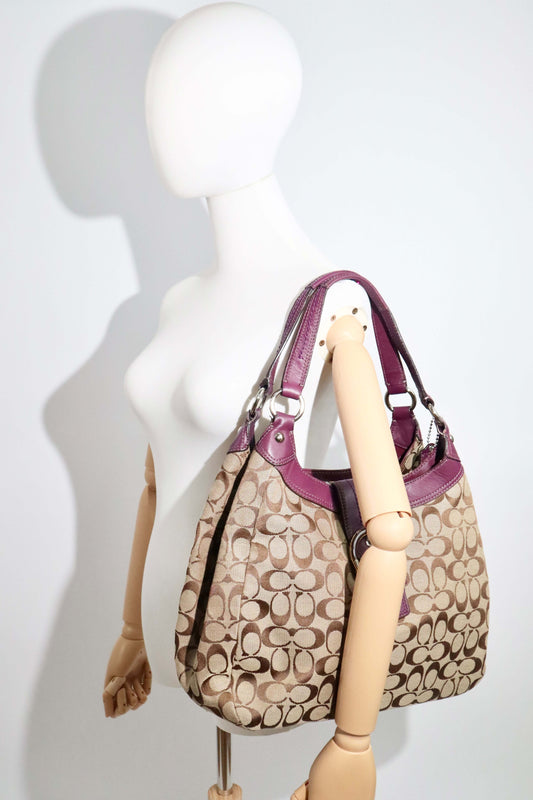 Vintage Coach Signature Soho Hobo Shoulder Bag in Brown with Purple Leather Trim