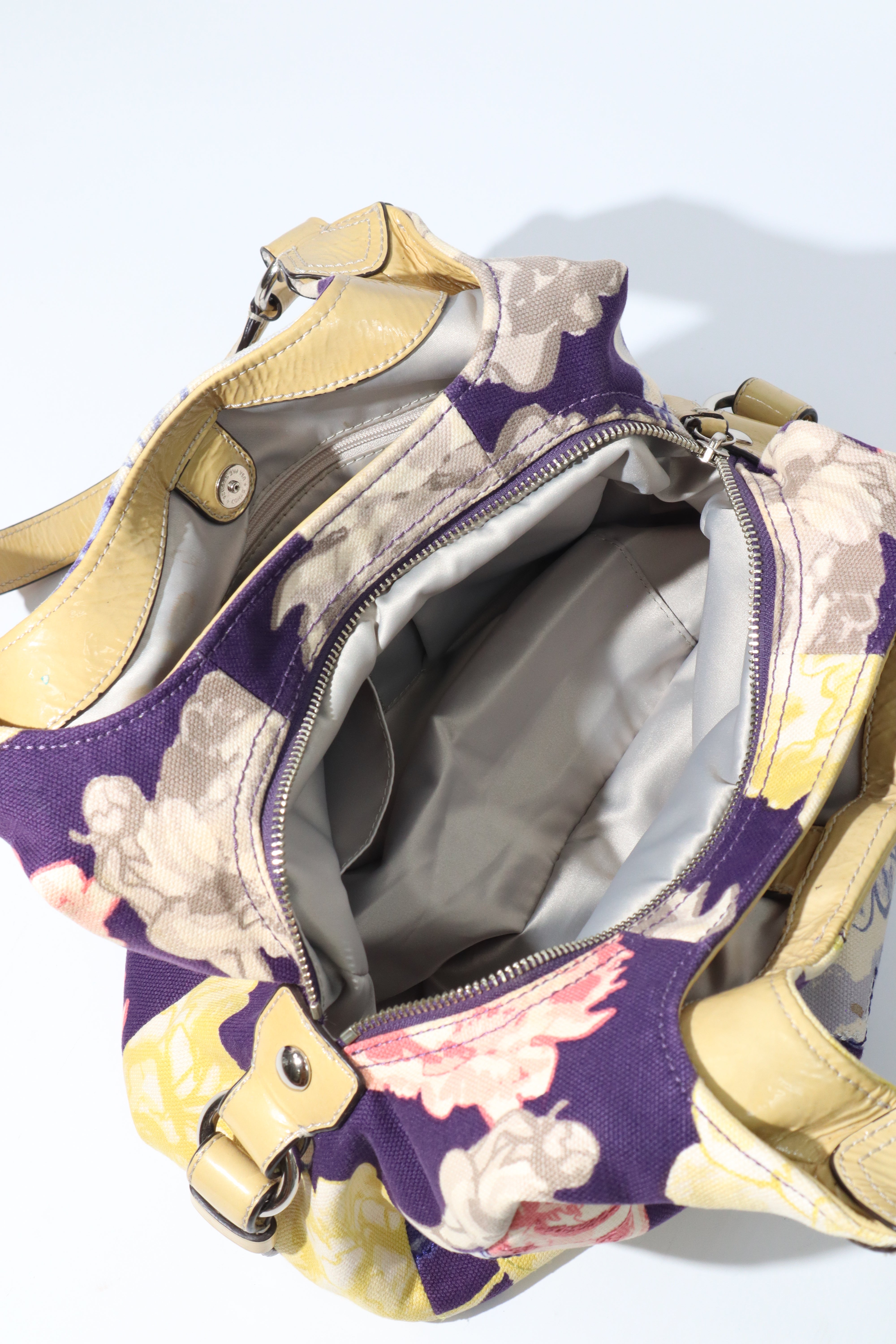 Vintage Coach 2002 Purple Floral Fabric Maggie Shoulder Bag – Girl