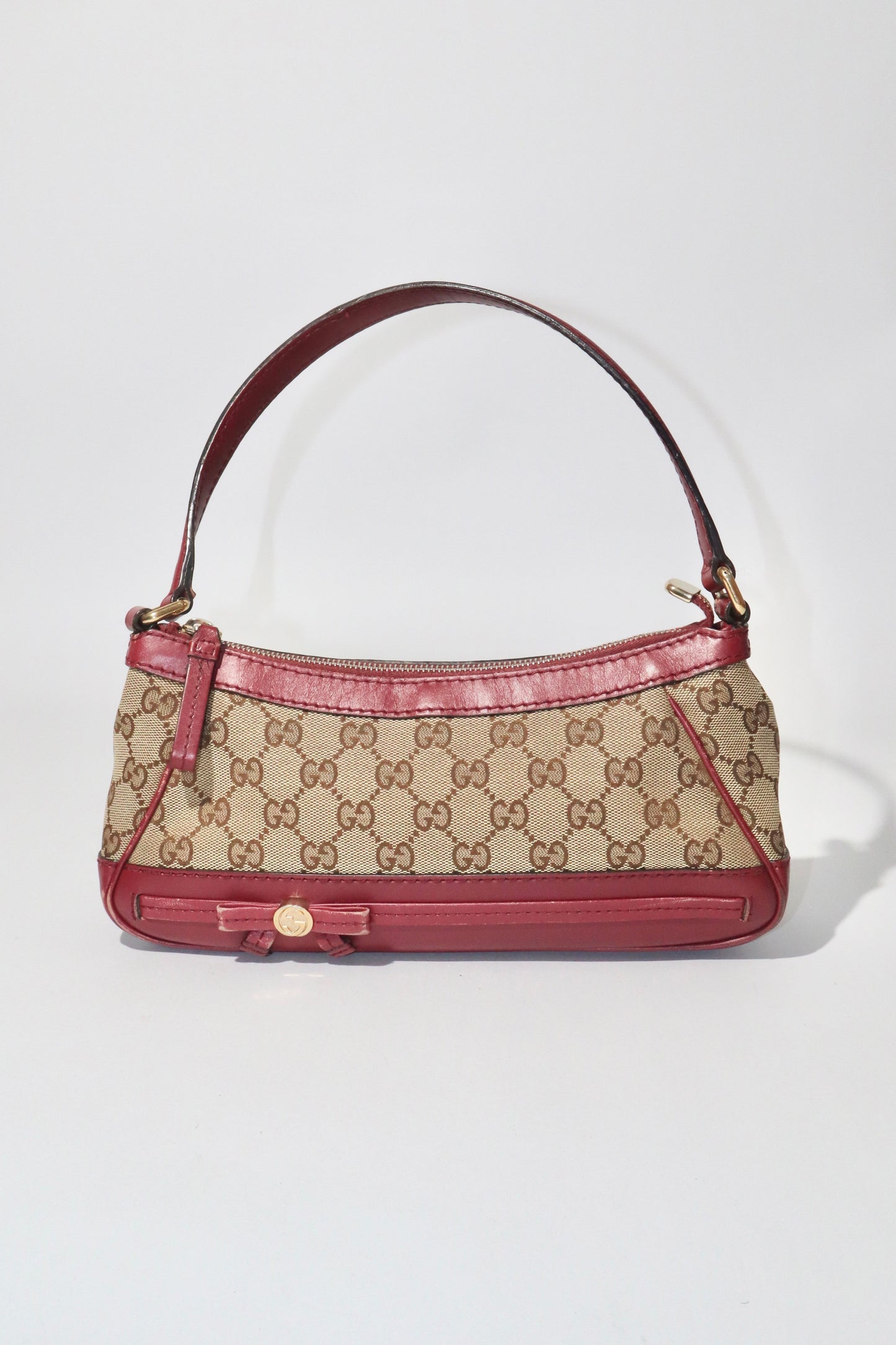 Vintage Gucci GG Canvas Bow Shoulder Bag in Brown & Burgundy - Girl Seazon